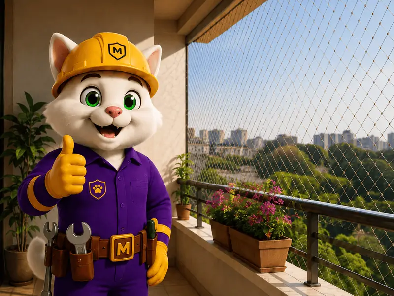 Mascote Miauzinho em varanda com rede de proteção para gatos