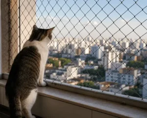 Gato observando a cidade através de janela com rede de proteção
