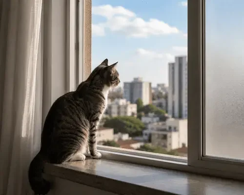 Janela sem rede de proteção para gatos Gato sentado em janela aberta sem rede de proteção