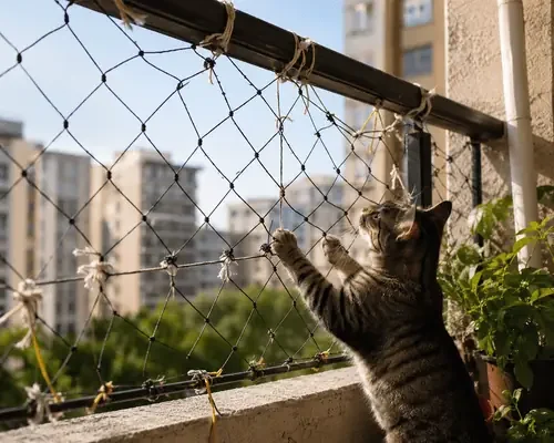 Rede improvisada oferece risco para gatos Gato tocando uma rede de proteção improvisada e danificada em varanda