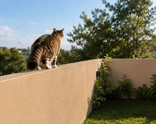 Risco de fuga de gatos pelo muro Gato caminhando sobre muro de quintal com risco de fuga